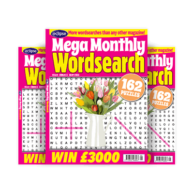 Collection of Mega Monthly Wordsearch magazine covers, featuring 162 puzzles and subscription benefits